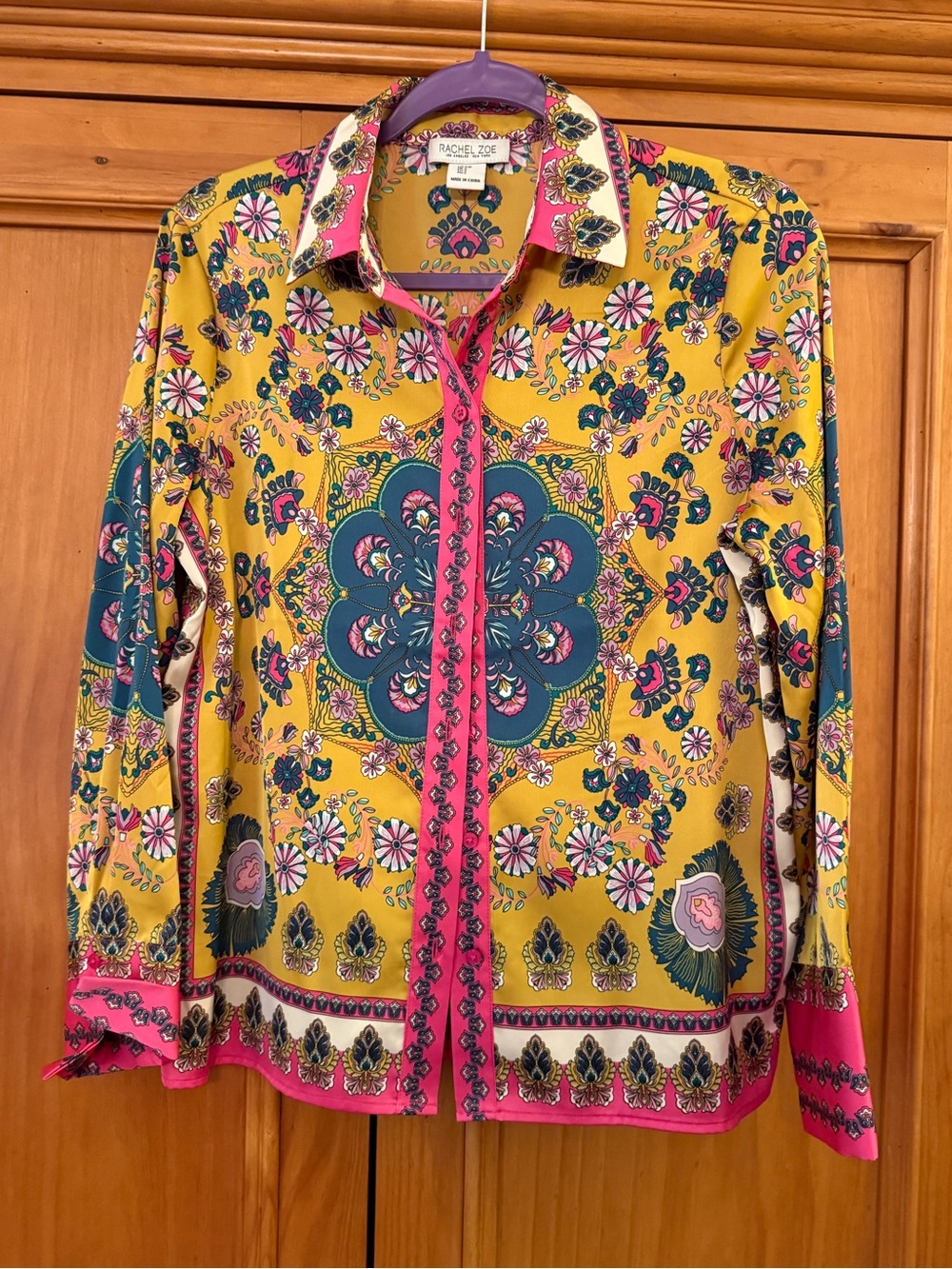 Beautiful Satin Rachel Zoe LS Paisley Button Down Blouse Top S